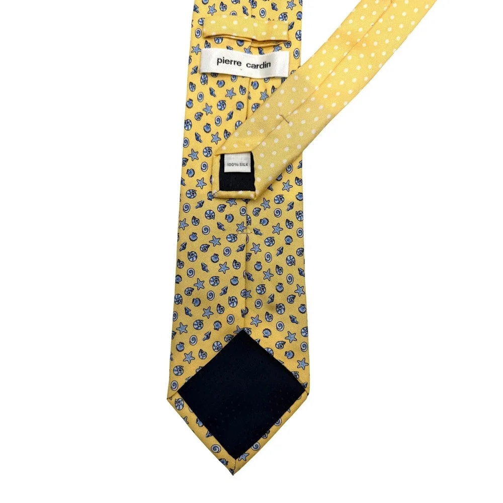 Pierre Cardin Mens Yellow Blue Coastal Seashell Starfish Dot Silk Tie 60